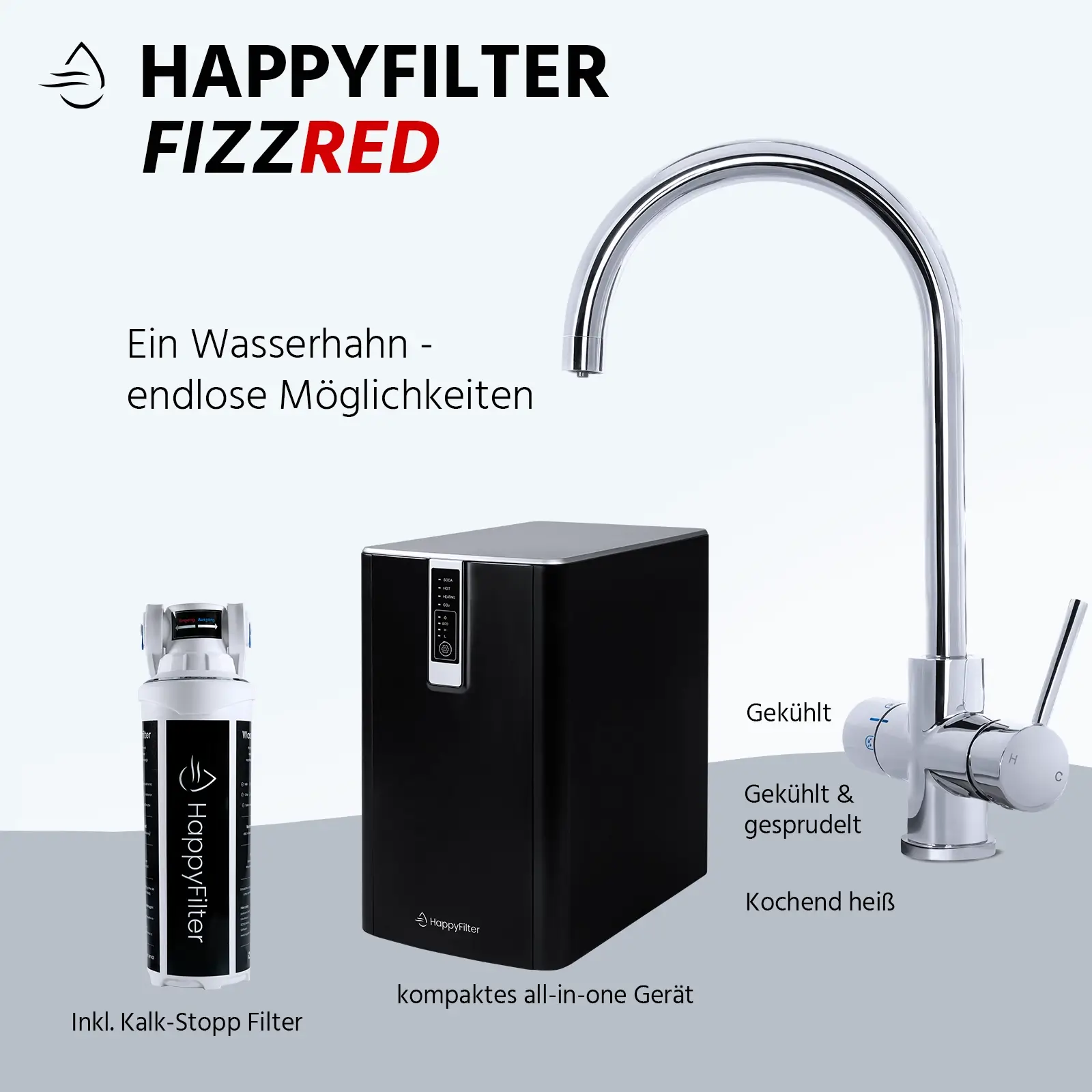 HappyFilter FizzRed - heiß | kalt | gesprudelt - Ein Wasserhahn