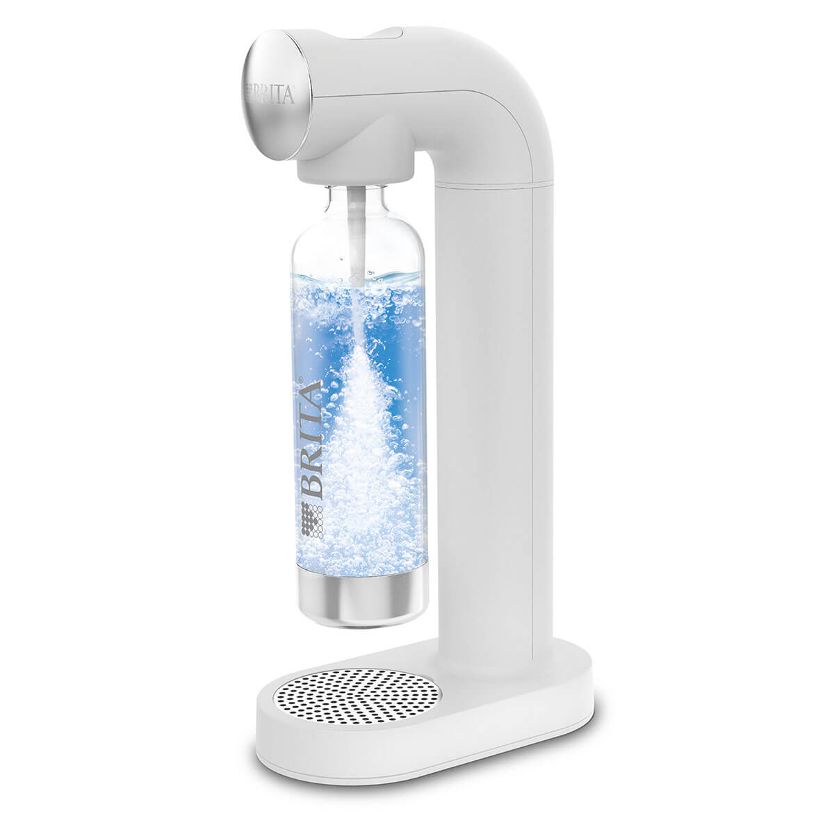 Soda One White Wassersprudler  in Aktion mit Flasche und Wasser